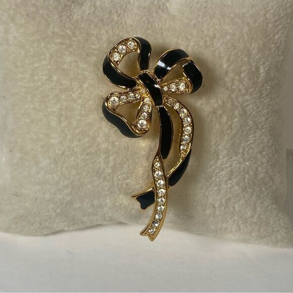 Vintage Bow Brooch Gold Tone W/Black Enamel and Rhinestones - Picture 2 of 7